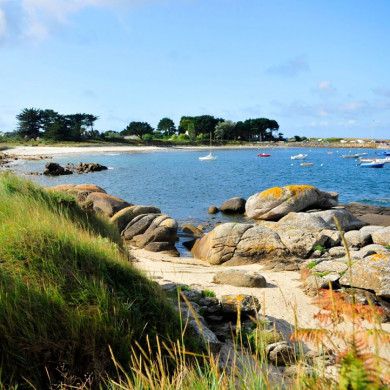 Plage de Bretagne avec rochers, herbes sauvages et bateaux au mouillage