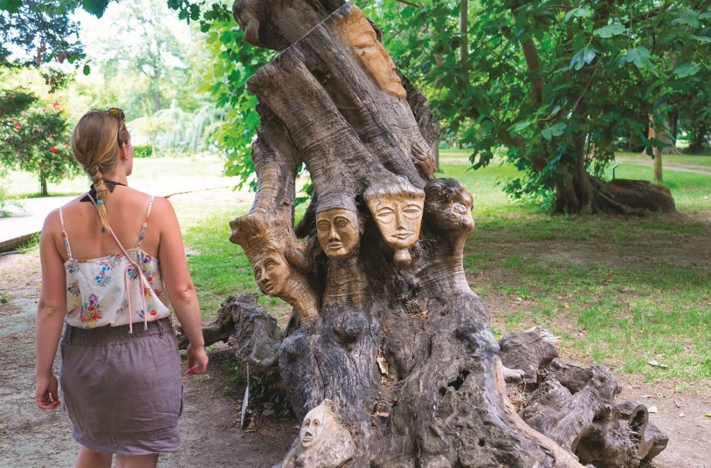 Sculptures de visages gravés dans un tronc d’arbre dans un parc